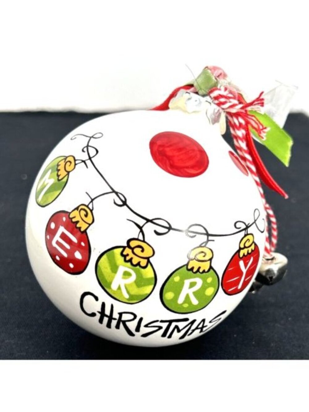 T Cabells Too Merry Christmas Ornament White Polka Dots 3.5" Ceramic